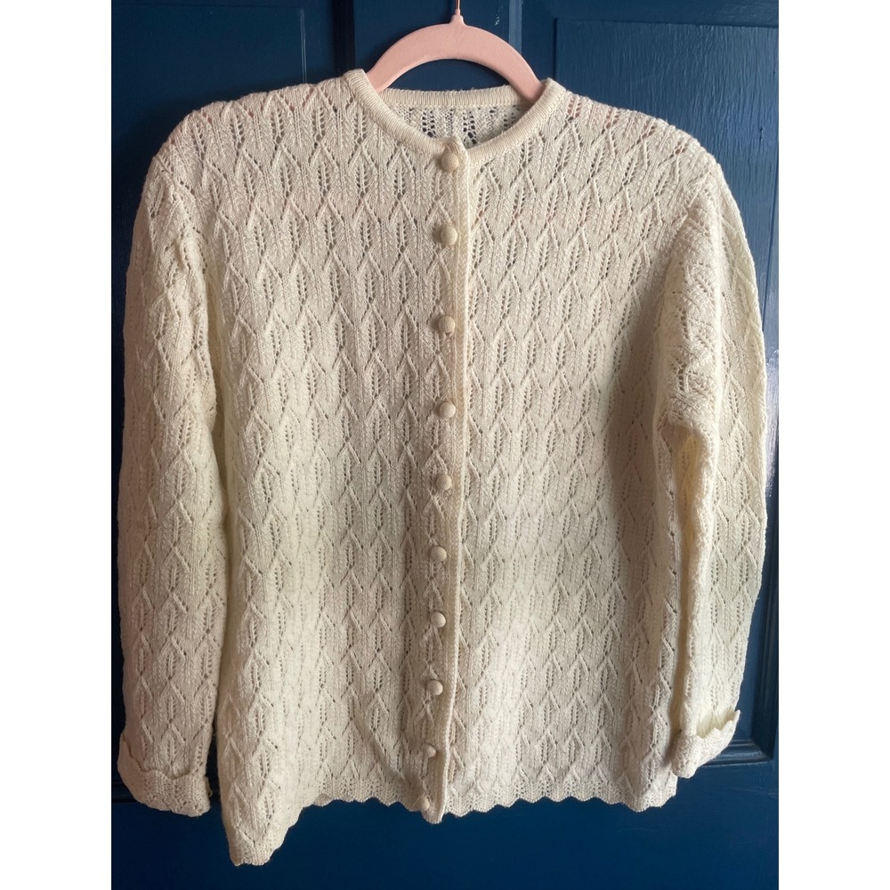 Vintage Cardigan Cream Pointelle Knit Scalloped Button Front Sweater Ivory